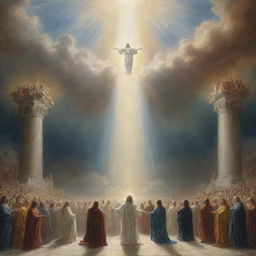 A dramatic, awe-inspiring image depicting the mythical representation of judgement day. The sky splits open, and divine light shines down on Earth, as ethereal beings are coming lower towards expectant mortals.