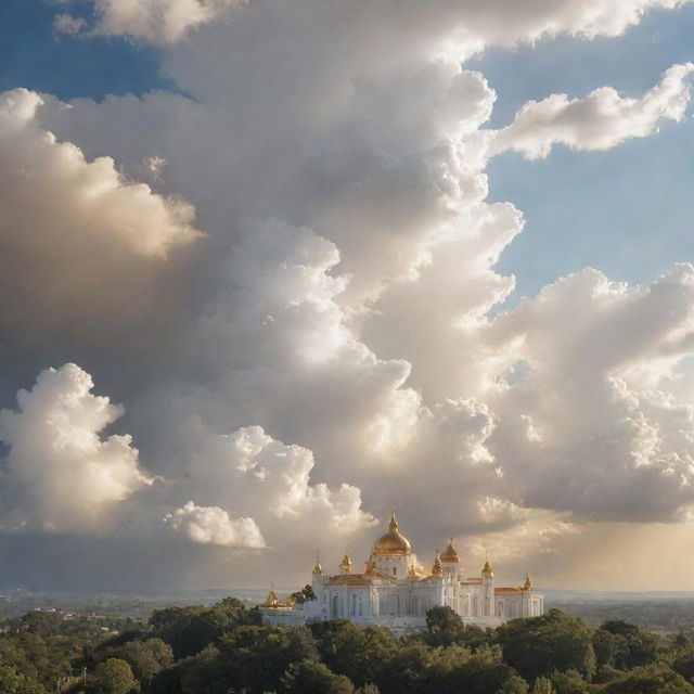 An ethereal and serene portrayal of a heavenly paradise, with billowing, fluffy clouds, divine rays of sunlight streaming through and in the distance, splendid celestial buildings shimmering in gold and white.