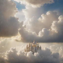 An ethereal and serene portrayal of a heavenly paradise, with billowing, fluffy clouds, divine rays of sunlight streaming through and in the distance, splendid celestial buildings shimmering in gold and white.