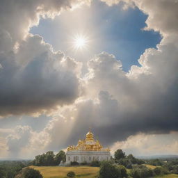 An ethereal and serene portrayal of a heavenly paradise, with billowing, fluffy clouds, divine rays of sunlight streaming through and in the distance, splendid celestial buildings shimmering in gold and white.