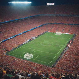 The most memorable football game in the world, featuring an intensely competitive match with a packed stadium, vibrant colors of jerseys, and a ball in mid-air.