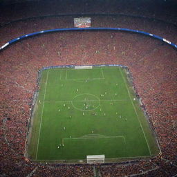 The most memorable football game in the world, featuring an intensely competitive match with a packed stadium, vibrant colors of jerseys, and a ball in mid-air.