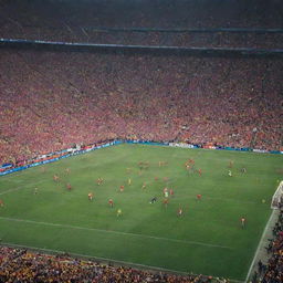 The most memorable football game in the world, featuring an intensely competitive match with a packed stadium, vibrant colors of jerseys, and a ball in mid-air.