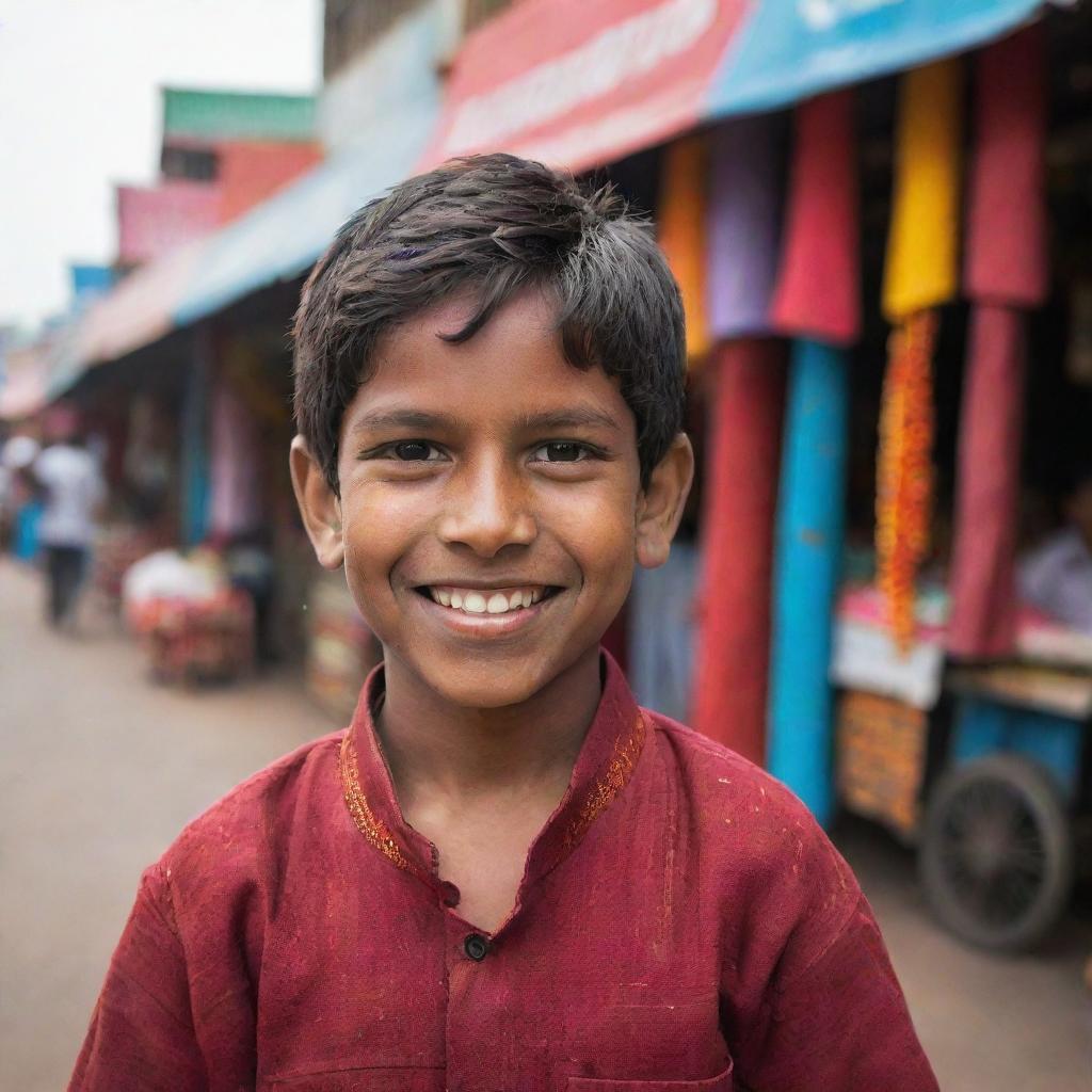 A portrait of a young Indian boy, wearing traditional clothing, with a bright and smiling face, set against the backdrop of a vivid Indian market.