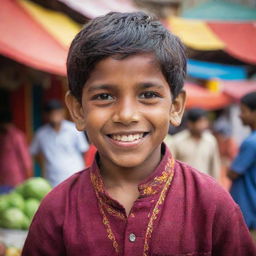 A portrait of a young Indian boy, wearing traditional clothing, with a bright and smiling face, set against the backdrop of a vivid Indian market.