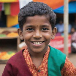 A portrait of a young Indian boy, wearing traditional clothing, with a bright and smiling face, set against the backdrop of a vivid Indian market.