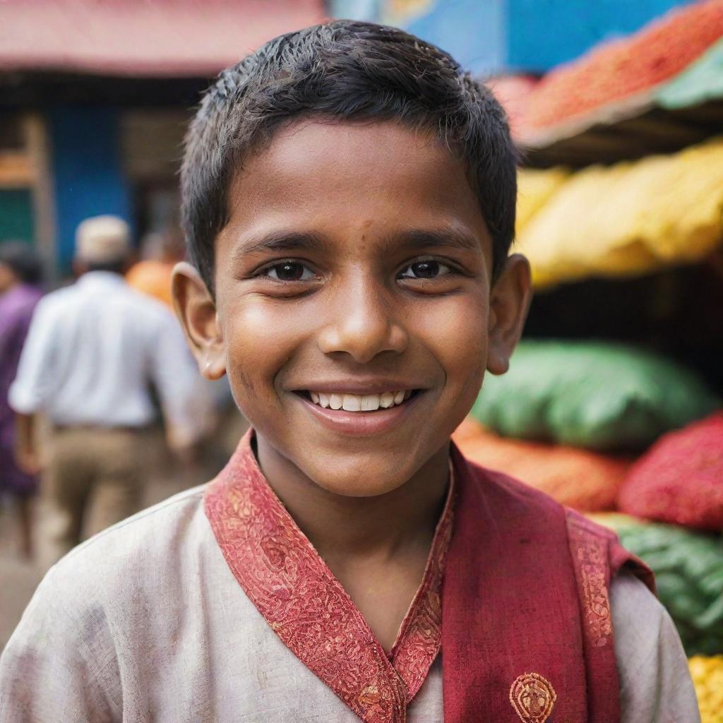 A portrait of a young Indian boy, wearing traditional clothing, with a bright and smiling face, set against the backdrop of a vivid Indian market.