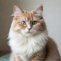 A cute, fluffy cat with sparkling green eyes, perked ears, and a softly twitching tail