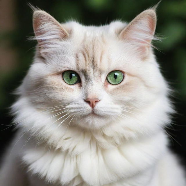 A cute, fluffy cat with sparkling green eyes, perked ears, and a softly twitching tail