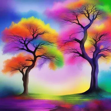In the fantasy world, the trees were painted in vivid and mystical colors, creating a magical and enchanting atmosphere.