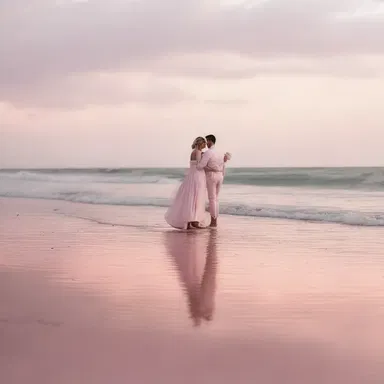 The soft pink colour of the sunset painted a romantic atmosphere for the couple's evening stroll on the beach.