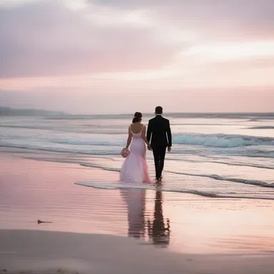 The soft pink colour of the sunset painted a romantic atmosphere for the couple's evening stroll on the beach.