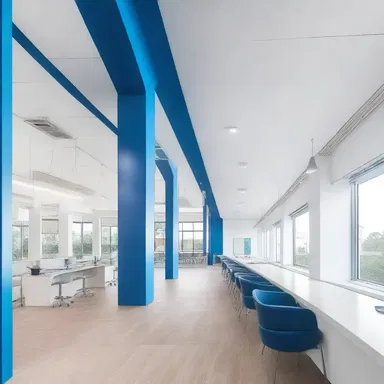 The architect chose a vibrant colour scheme of blues and whites to create a modern and refreshing look for the building's interior.