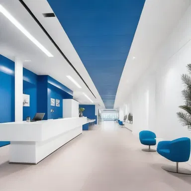 The architect chose a vibrant colour scheme of blues and whites to create a modern and refreshing look for the building's interior.