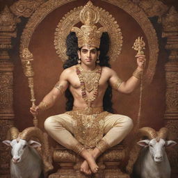 A divine interpretation of Ram, the Hindu god, depicted in ornate traditional attire, with a serene expression and surrounded by symbols reflecting his divinity.