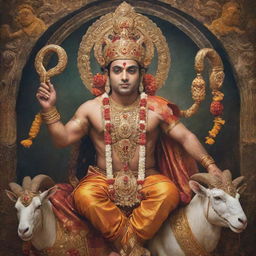 A divine interpretation of Ram, the Hindu god, depicted in ornate traditional attire, with a serene expression and surrounded by symbols reflecting his divinity.