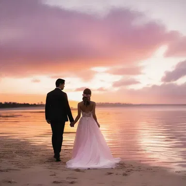 The vibrant sunset coloured the sky with hues of pink and orange, creating a romantic backdrop for the couple's evening stroll.