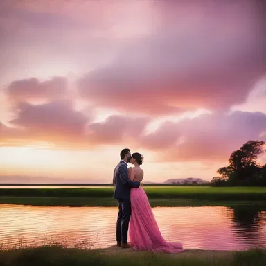 The vibrant sunset coloured the sky with hues of pink and orange, creating a romantic backdrop for the couple's evening stroll.
