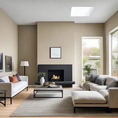 The homeowners chose a warm neutral paint colour to colour the walls of their living room, complementing the contemporary style of their architectural design.