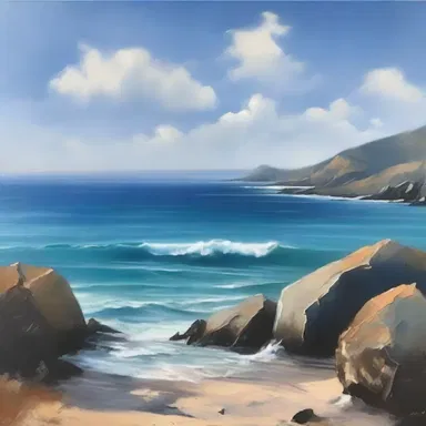 The artist used different shades of blue to colour the sea in the landscape painting, capturing the tranquil essence of the ocean.