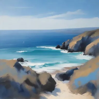 The artist used different shades of blue to colour the sea in the landscape painting, capturing the tranquil essence of the ocean.