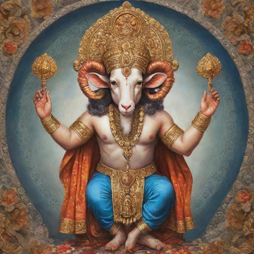 A divine interpretation of Ram, the Hindu god, depicted in ornate traditional attire, with a serene expression and surrounded by symbols reflecting his divinity.