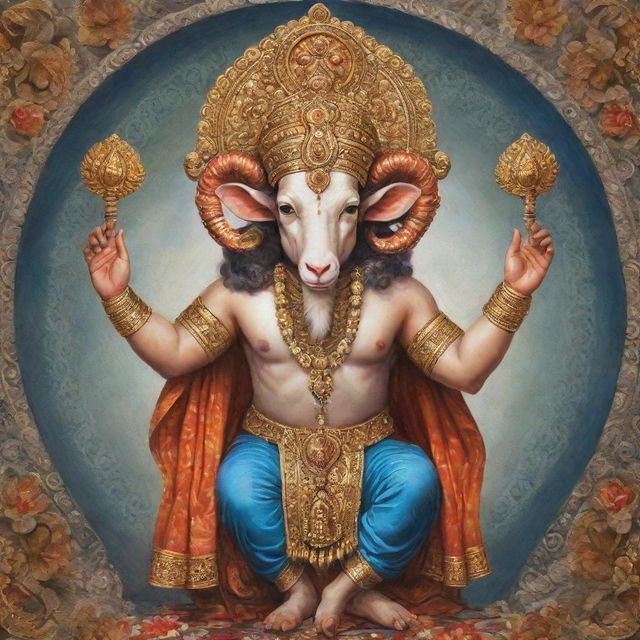 A divine interpretation of Ram, the Hindu god, depicted in ornate traditional attire, with a serene expression and surrounded by symbols reflecting his divinity.