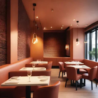 The architect used warm colours to create a cozy and inviting atmosphere in the restaurant.