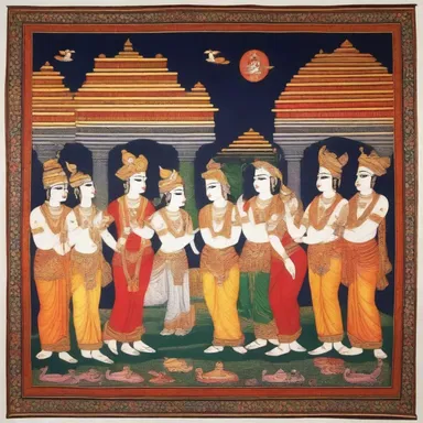 The wall hanging in the temple portrayed the life of Lord Krishna.