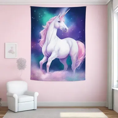 In the fantasy-themed bedroom, a majestic unicorn wall hanging adorned the wall.