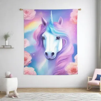 In the fantasy-themed bedroom, a majestic unicorn wall hanging adorned the wall.