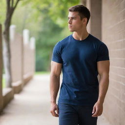 A muscular male student walking contemplatively, deep in thought