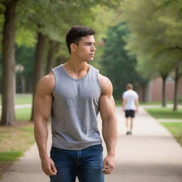 A muscular male student walking contemplatively, deep in thought