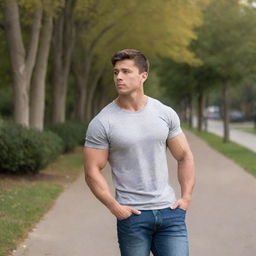 A muscular male student strolling and lost in thought