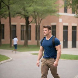 A muscular male student strolling and lost in thought