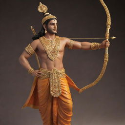 Generate a detailed, majestic statue of Lord Ram, adorned with traditional Indian attire and carrying a bow and arrow.