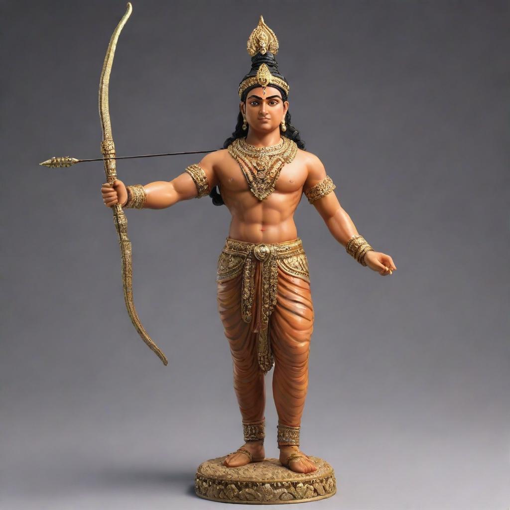 Generate a detailed, majestic statue of Lord Ram, adorned with traditional Indian attire and carrying a bow and arrow.