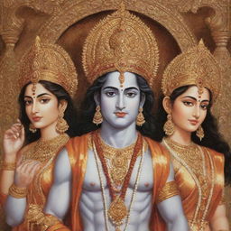 Create an image of Lord Ram, Lakshman, and Sita, depicted in a traditional Indian artistic style, serene and adorned in ancient royal attire.