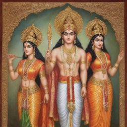 Create an image of Lord Ram, Lakshman, and Sita, depicted in a traditional Indian artistic style, serene and adorned in ancient royal attire.