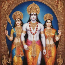 Create an image of Lord Ram, Lakshman, and Sita, depicted in a traditional Indian artistic style, serene and adorned in ancient royal attire.