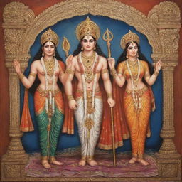 Create an image of Lord Ram, Lakshman, and Sita, depicted in a traditional Indian artistic style, serene and adorned in ancient royal attire.