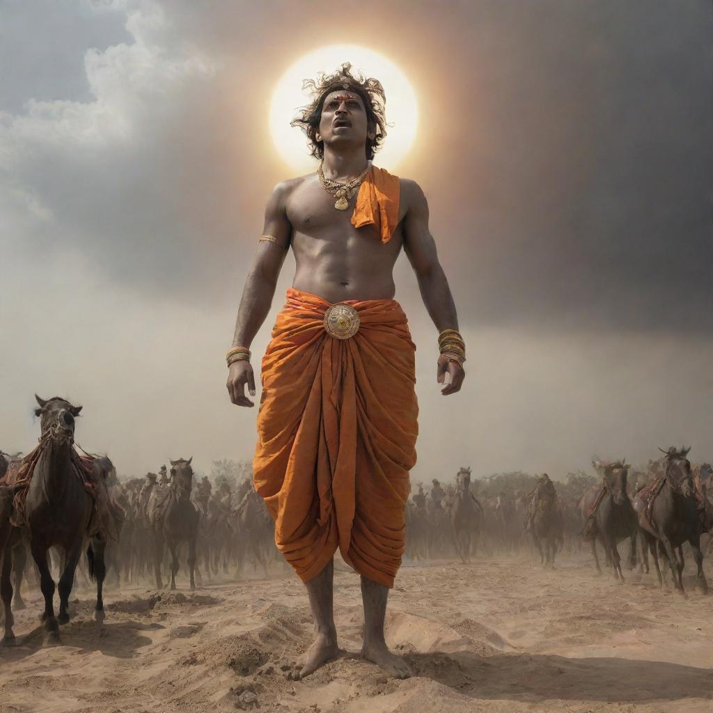 Young Indian prince named Abimanyu, looking angry and wounded, dressed in a saffron dhoti, vigorously holding a large, shining, sun-like chakra above his head. Viewed from a low angle against the dramatic backdrop of the Mahabharata battlefield with soldiers, horses, fire, blood, sand, black clouds, and dead bodies.