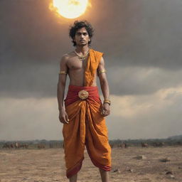 Young Indian prince named Abimanyu, looking angry and wounded, dressed in a saffron dhoti, vigorously holding a large, shining, sun-like chakra above his head. Viewed from a low angle against the dramatic backdrop of the Mahabharata battlefield with soldiers, horses, fire, blood, sand, black clouds, and dead bodies.