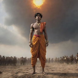 Young Indian prince named Abimanyu, looking angry and wounded, dressed in a saffron dhoti, vigorously holding a large, shining, sun-like chakra above his head. Viewed from a low angle against the dramatic backdrop of the Mahabharata battlefield with soldiers, horses, fire, blood, sand, black clouds, and dead bodies.