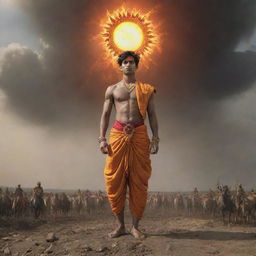 Young Indian prince named Abimanyu, looking angry and wounded, dressed in a saffron dhoti, vigorously holding a large, shining, sun-like chakra above his head. Viewed from a low angle against the dramatic backdrop of the Mahabharata battlefield with soldiers, horses, fire, blood, sand, black clouds, and dead bodies.