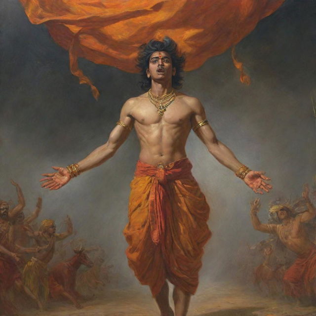 A young Indian prince, Abhimanyu, enraged and wounded, wearing a saffron dhoti, powerfully hoisting a glimmering chakra overhead with both hands. Viewed from below, with a tumultuous backdrop of the Mahabharata war, featuring soldiers, horses, bloodshed, fire, sand, dark clouds, and fallen warriors.