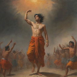 A young Indian prince, Abhimanyu, enraged and wounded, wearing a saffron dhoti, powerfully hoisting a glimmering chakra overhead with both hands. Viewed from below, with a tumultuous backdrop of the Mahabharata war, featuring soldiers, horses, bloodshed, fire, sand, dark clouds, and fallen warriors.