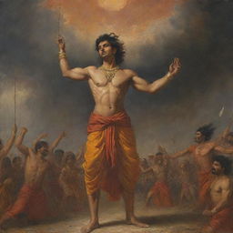 A young Indian prince, Abhimanyu, enraged and wounded, wearing a saffron dhoti, powerfully hoisting a glimmering chakra overhead with both hands. Viewed from below, with a tumultuous backdrop of the Mahabharata war, featuring soldiers, horses, bloodshed, fire, sand, dark clouds, and fallen warriors.