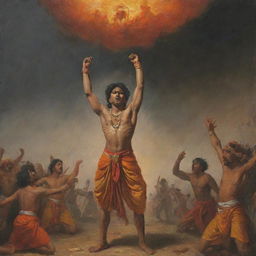 A young Indian prince, Abhimanyu, enraged and wounded, wearing a saffron dhoti, powerfully hoisting a glimmering chakra overhead with both hands. Viewed from below, with a tumultuous backdrop of the Mahabharata war, featuring soldiers, horses, bloodshed, fire, sand, dark clouds, and fallen warriors.