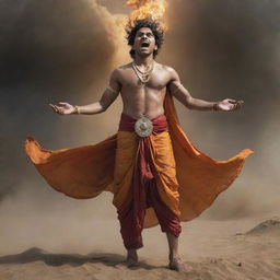 Create a dynamic image of a young Indian prince, Abimanyu, angrily shouting with wounds on his body, wearing a saffron dhoti and holding a large shining chakra overhead. The view is from below, with a turbulent background depicting a Mahabharata battle scene - soldiers, horses, blood, fire, sand, black clouds, and fallen warriors.